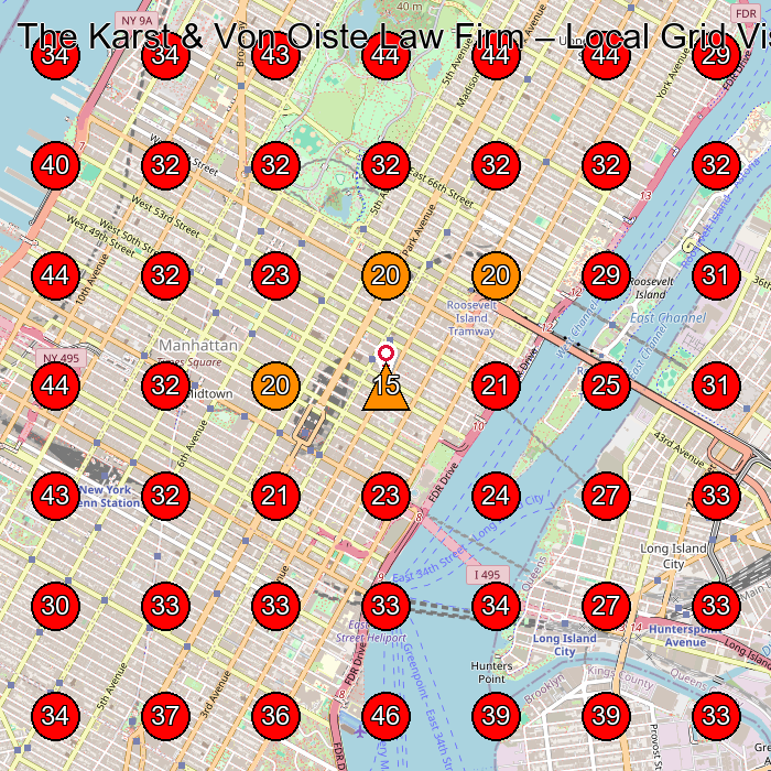 The Karst & Von Oiste Law Firm GeoGrid visibility map for Legal Services in New York